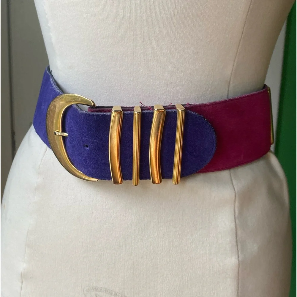 Vintage The Limited Suede Gold-Accent Wide Waist Belt black purple pink USA